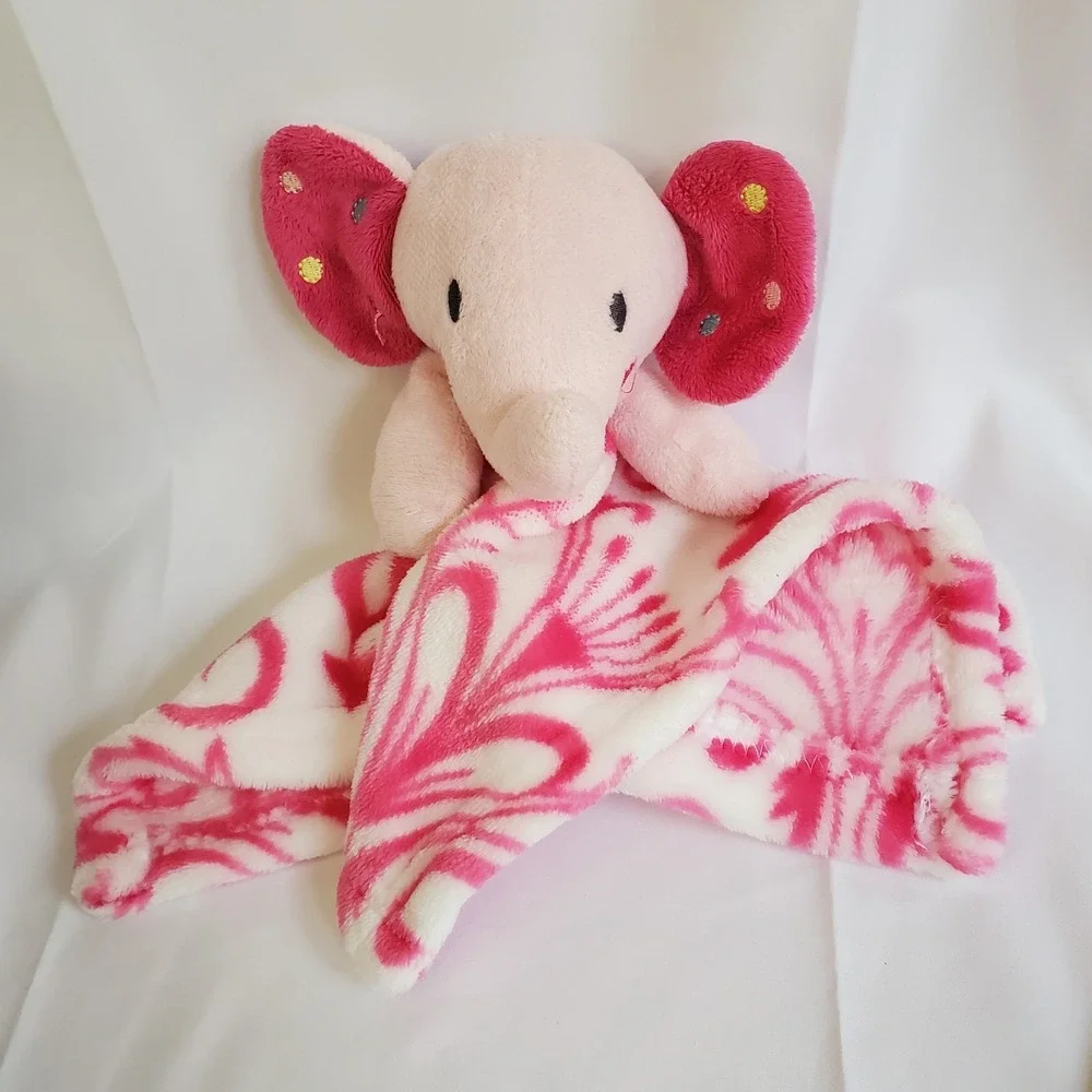Elephant Security Blanket Baby Lovey Pink Pattern White RN 130369 Polka Dot Ears